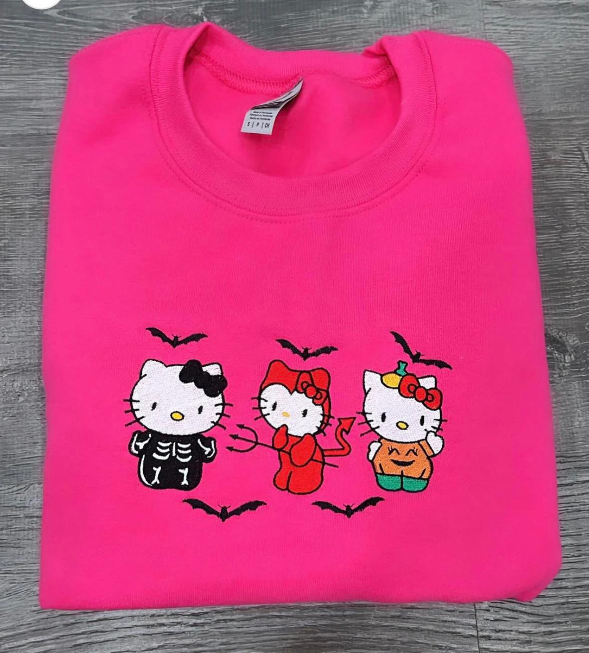 Spooky Kitty Embroidery Crewneck (Pink)