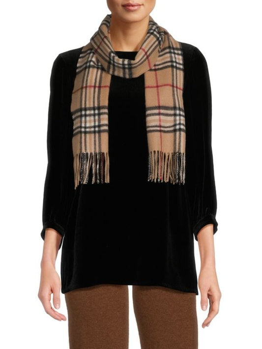 Plaid pattern cashmere feel oblong scarf with fringes (KHAKI)