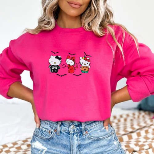 Spooky Kitty Embroidery Crewneck (Pink)